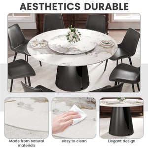 English Elm 59.05Modern Sintered Stone Round Dining Table with Lazy Susan Seats 8 Carbon Steel Base W1535S00722