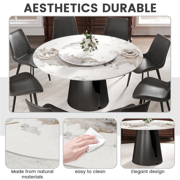 English Elm 59.05Modern Sintered Stone Round Dining Table with Lazy Susan Seats 8 Carbon Steel Base W1535S00722