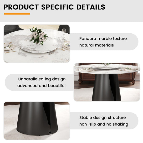 English Elm 59.05Modern Sintered Stone Round Dining Table with Lazy Susan Seats 8 Carbon Steel Base W1535S00722