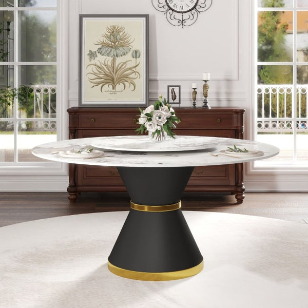 English Elm 59.05Modern Sintered Stone Round Dining Table Seats 8 with Lazy Susan Pedestal Base W1535S00725