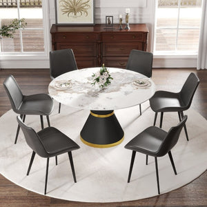 English Elm 53.15Modern Sintered Stone Round Dining Table Seats Six with Pedestal Carbon Steel Base W1535S00727