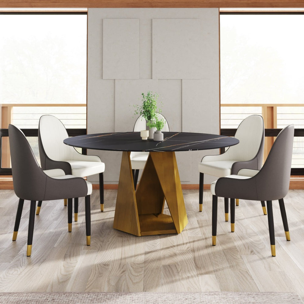 English Elm 59.05 Inch Round Sintered Stone Dining Table with Bronze Pedestal Base Seats Eight W1535S00728