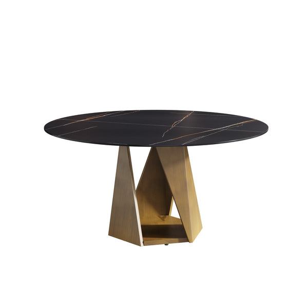 English Elm 59.05 Inch Round Sintered Stone Dining Table with Bronze Pedestal Base Seats Eight W1535S00728