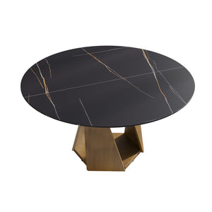English Elm 59.05 Inch Round Sintered Stone Dining Table with Bronze Pedestal Base Seats Eight W1535S00728