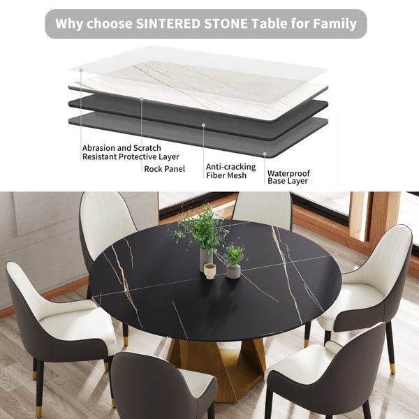 English Elm 59.05 Inch Round Sintered Stone Dining Table with Bronze Pedestal Base Seats Eight W1535S00728