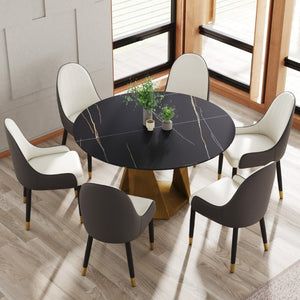 English Elm 53 Inch Round Sintered Stone Dining Table Seats 6 with Sculpted Bronze Pedestal Base W1535S00730