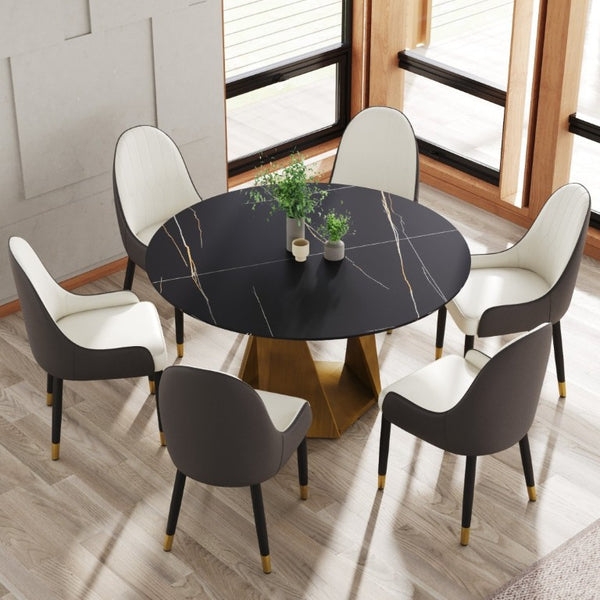 English Elm 53 Inch Round Sintered Stone Dining Table Seats 6 with Sculpted Bronze Pedestal Base W1535S00730