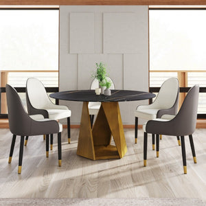 English Elm 53 Inch Round Sintered Stone Dining Table Seats 6 with Sculpted Bronze Pedestal Base W1535S00730