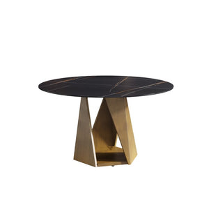 English Elm 53 Inch Round Sintered Stone Dining Table Seats 6 with Sculpted Bronze Pedestal Base W1535S00730