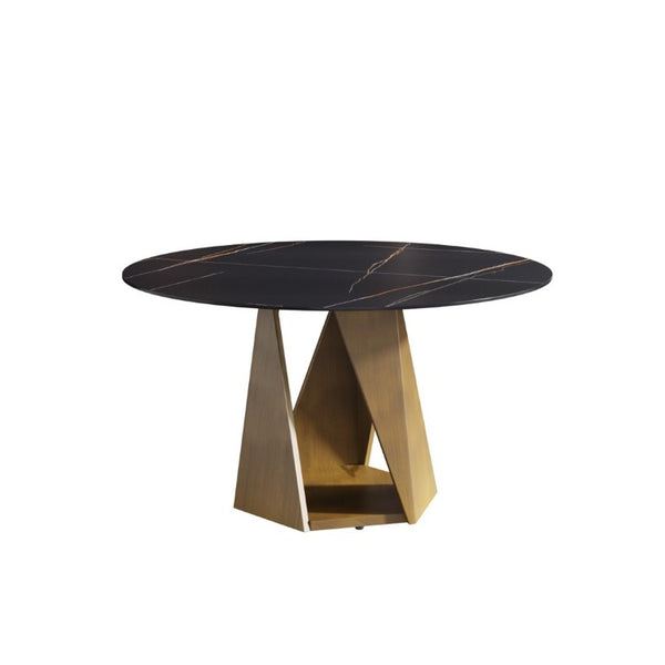 English Elm 53 Inch Round Sintered Stone Dining Table Seats 6 with Sculpted Bronze Pedestal Base W1535S00730