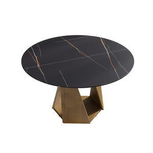 English Elm 53 Inch Round Sintered Stone Dining Table Seats 6 with Sculpted Bronze Pedestal Base W1535S00730