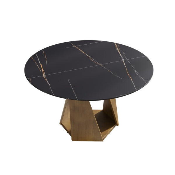 English Elm 53 Inch Round Sintered Stone Dining Table Seats 6 with Sculpted Bronze Pedestal Base W1535S00730