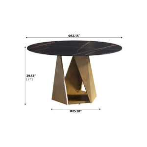 English Elm 53 Inch Round Sintered Stone Dining Table Seats 6 with Sculpted Bronze Pedestal Base W1535S00730