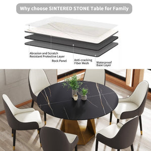 English Elm 53 Inch Round Sintered Stone Dining Table Seats 6 with Sculpted Bronze Pedestal Base W1535S00730