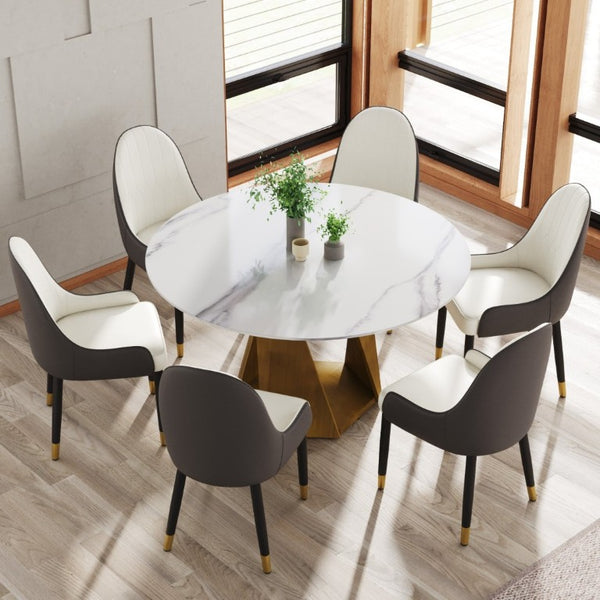 English Elm 53 Inch Round Sintered Stone Dining Table Bronze Pedestal Base Seats 6 Modern W1535S00731