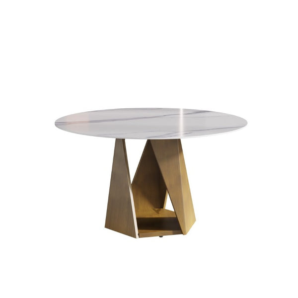 English Elm 53 Inch Round Sintered Stone Dining Table Bronze Pedestal Base Seats 6 Modern W1535S00731