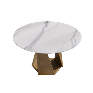 English Elm 53 Inch Round Sintered Stone Dining Table Bronze Pedestal Base Seats 6 Modern W1535S00731