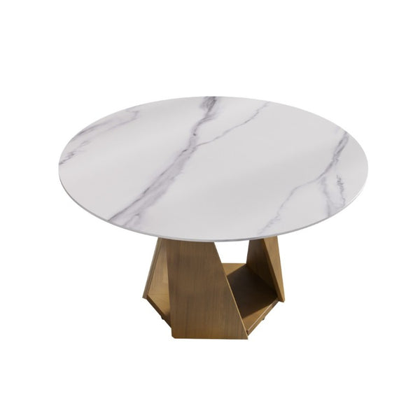 English Elm 53 Inch Round Sintered Stone Dining Table Bronze Pedestal Base Seats 6 Modern W1535S00731
