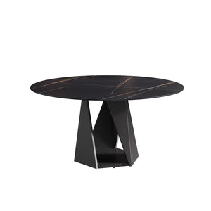 English Elm 59.05 Inch Round Sintered Stone Dining Table Seats 8 with Sculptural Iron Pedestal Base W1535S00732