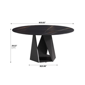 English Elm 59.05 Inch Round Sintered Stone Dining Table Seats 8 with Sculptural Iron Pedestal Base W1535S00732