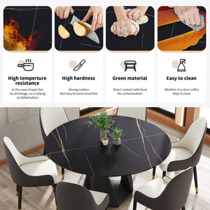 English Elm 59.05 Inch Round Sintered Stone Dining Table Seats 8 with Sculptural Iron Pedestal Base W1535S00732