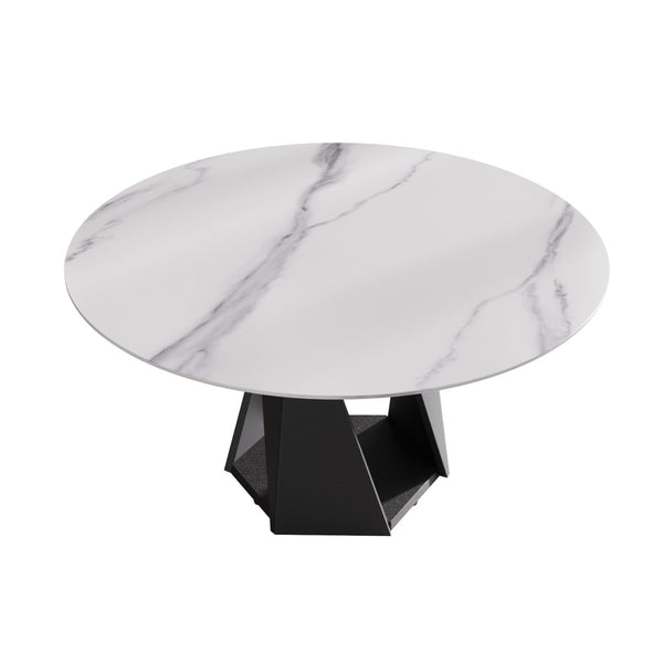 English Elm 59.05 Round Sintered Stone Dining Table Seats 8 with Sculptural Black Iron Pedestal Base W1535S00733