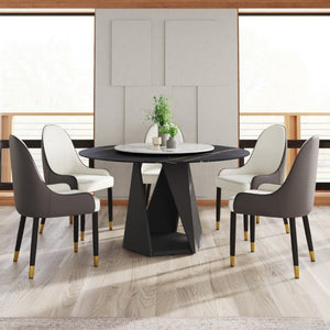 English Elm 53 Inch Round Sintered Stone Dining Table with Lazy Susan and Iron Pedestal Base Seats 6 W1535S00734