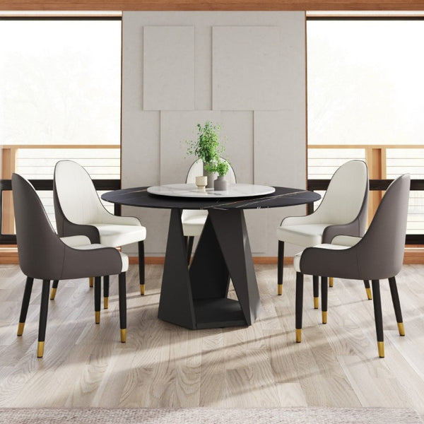 English Elm 53 Inch Round Sintered Stone Dining Table with Lazy Susan and Iron Pedestal Base Seats 6 W1535S00734