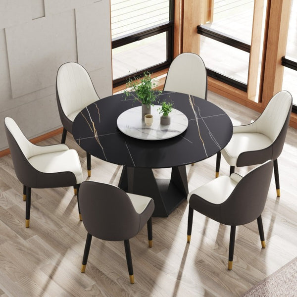 English Elm 53 Inch Round Sintered Stone Dining Table with Lazy Susan and Iron Pedestal Base Seats 6 W1535S00734