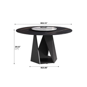 English Elm 53 Inch Round Sintered Stone Dining Table with Lazy Susan and Iron Pedestal Base Seats 6 W1535S00734