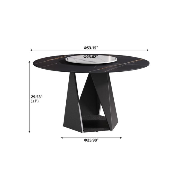 English Elm 53 Inch Round Sintered Stone Dining Table with Lazy Susan and Iron Pedestal Base Seats 6 W1535S00734