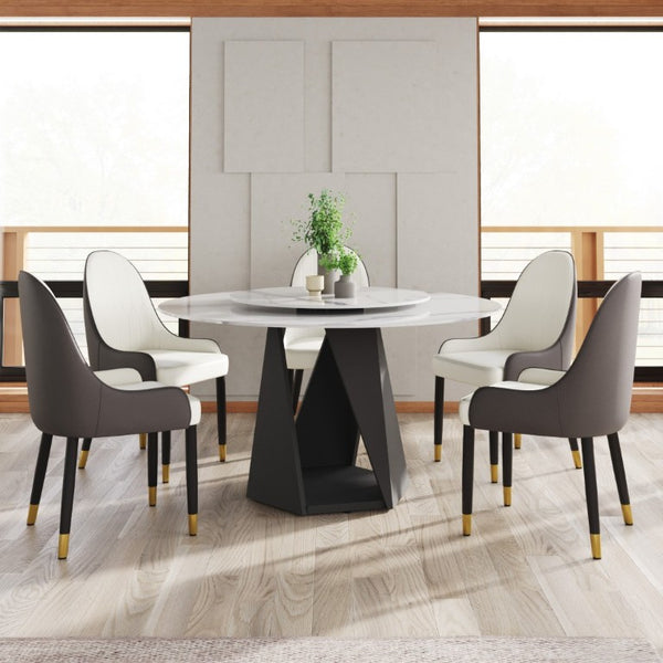English Elm 53 Inch Round Sintered Stone Dining Table Seats 6 with Lazy Susan and Iron Pedestal Base W1535S00735