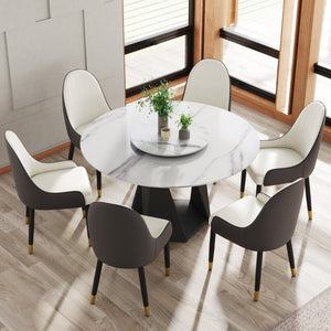 English Elm 53 Inch Round Sintered Stone Dining Table Seats 6 with Lazy Susan and Iron Pedestal Base W1535S00735