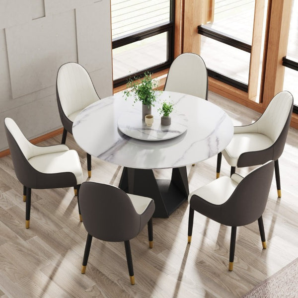 English Elm 53 Inch Round Sintered Stone Dining Table Seats 6 with Lazy Susan and Iron Pedestal Base W1535S00735