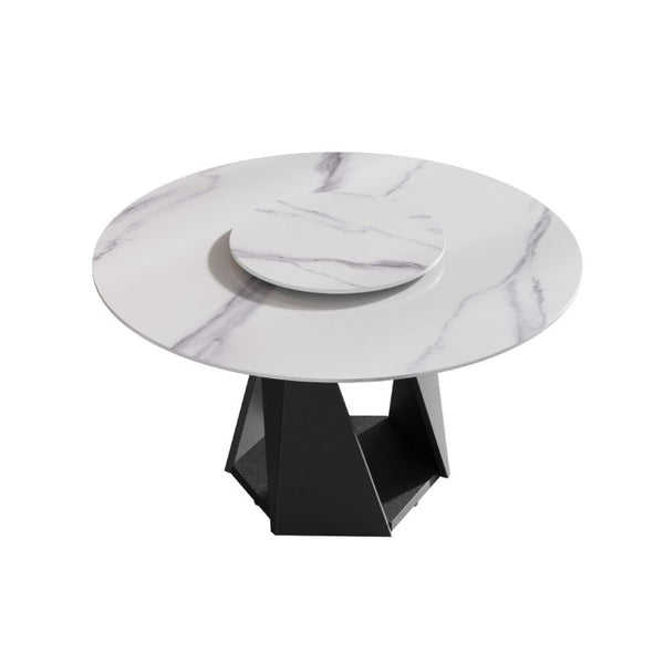 English Elm 53 Inch Round Sintered Stone Dining Table Seats 6 with Lazy Susan and Iron Pedestal Base W1535S00735