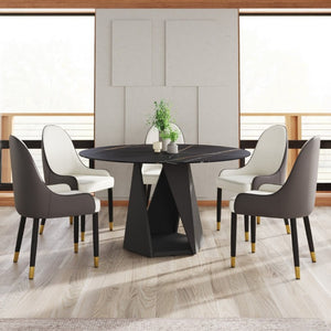 English Elm 53 Inch Round Sintered Stone Dining Table Seats Six with Iron Pedestal Base W1535S00736