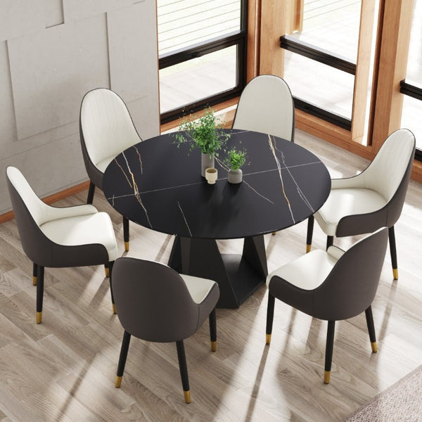 English Elm 53 Inch Round Sintered Stone Dining Table Seats Six with Iron Pedestal Base W1535S00736