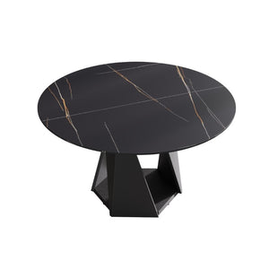English Elm 53 Inch Round Sintered Stone Dining Table Seats Six with Iron Pedestal Base W1535S00736