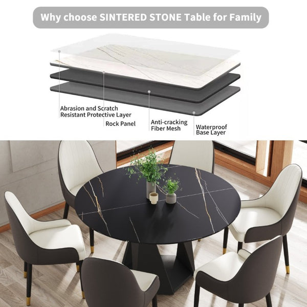 English Elm 53 Inch Round Sintered Stone Dining Table Seats Six with Iron Pedestal Base W1535S00736