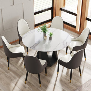 English Elm 53 Inch Sintered Stone Round Dining Table Seats Six with Pedestal Iron Base W1535S00737
