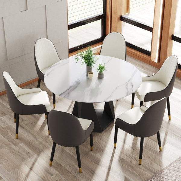 English Elm 53 Inch Sintered Stone Round Dining Table Seats Six with Pedestal Iron Base W1535S00737
