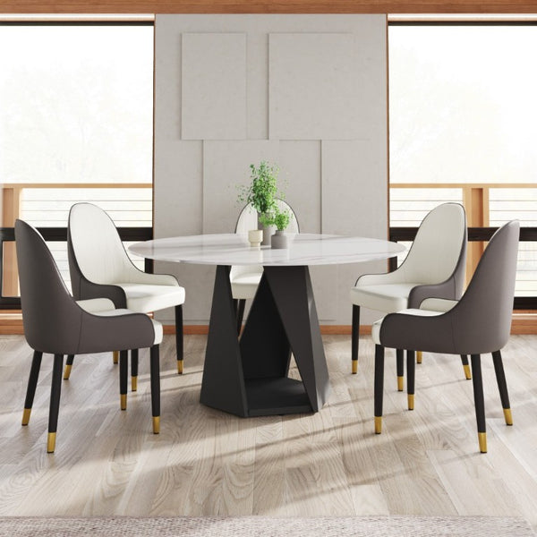 English Elm 53 Inch Sintered Stone Round Dining Table Seats Six with Pedestal Iron Base W1535S00737