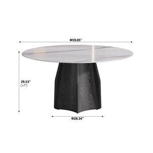 English Elm 59.05" Round Sintered Stone Dining Table Solid Oak Pedestal Base Seats Eight W1535S00738