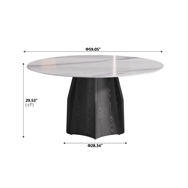 English Elm 59.05" Round Sintered Stone Dining Table Solid Oak Pedestal Base Seats Eight W1535S00738