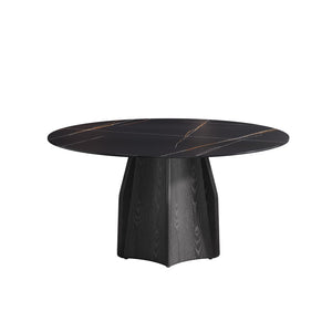 English Elm 59.05 Inch Round Sintered Stone Dining Table Solid Oak Pedestal Base Seats Eight W1535S00739