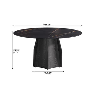 English Elm 59.05 Inch Round Sintered Stone Dining Table Solid Oak Pedestal Base Seats Eight W1535S00739