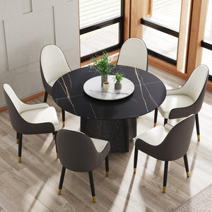 English Elm 53" Round Sintered Stone Dining Table Brass Base Lazy Susan Seats Six Modern W1535S00742
