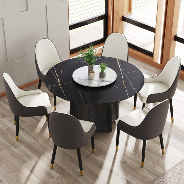 English Elm 53" Round Sintered Stone Dining Table Brass Base Lazy Susan Seats Six Modern W1535S00742