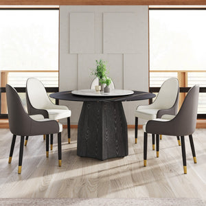 English Elm 53" Round Sintered Stone Dining Table Brass Base Lazy Susan Seats Six Modern W1535S00742