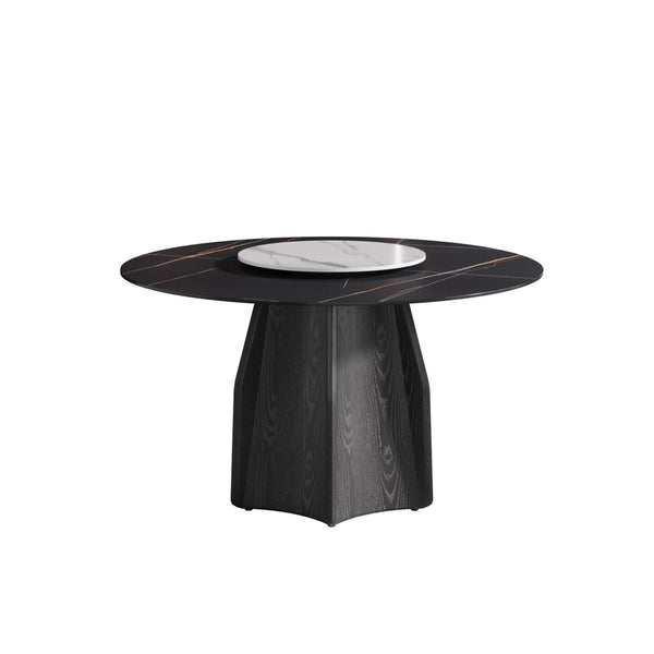 English Elm 53" Round Sintered Stone Dining Table Brass Base Lazy Susan Seats Six Modern W1535S00742